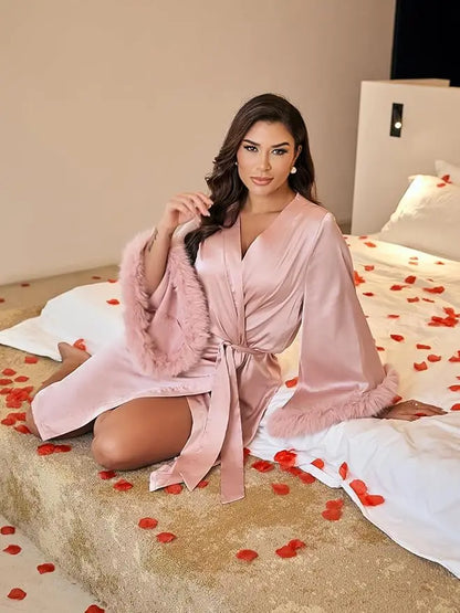 Vestidos De Novia Satin Kimono Women Short Robe Feather Sleeve Bride Wedding Dress Sexy Lingerie Pijama Mujer Bridesmids Gown
