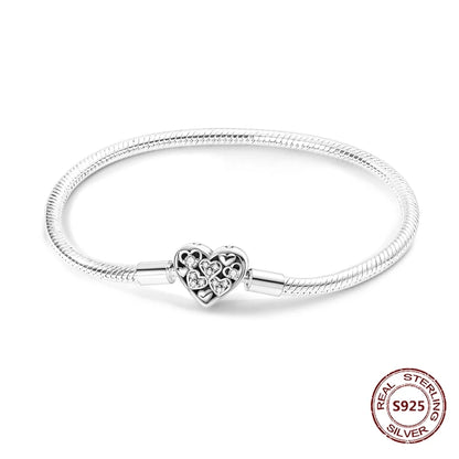 Silver 925 Bracelet Original Bracelets Colorful Zircon Heart Flower Cat Snake Chain For DIY Charms 17-20CM Luxury Jewelry Gifts