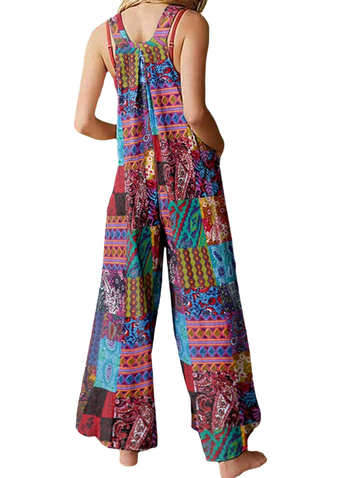 Captivating New Women Summer Overalls, Multicolor Ethnic Style Square Neck Sleeveless Casual Jumpsuit with Pockets for Girls