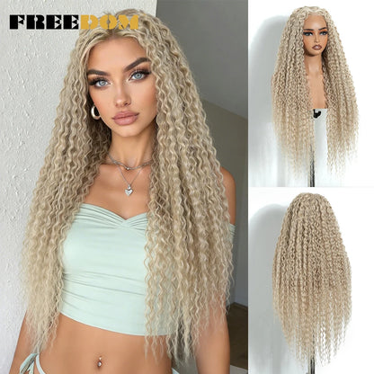 FREEDOM Synthetic Lace Front Wigs For Women 6x4 Pre-cut 32 Inch Long Curly Lace Wig Pre-plucked Ombre Brown Blonde Glueless Wigs