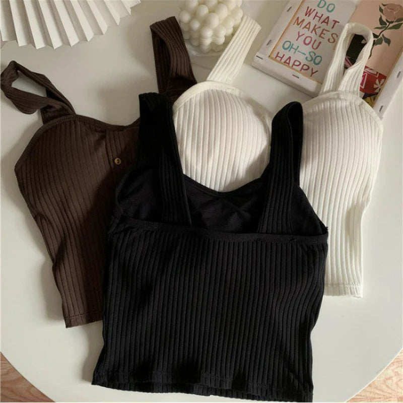 Women's Y2K Cropped Tops with Bra Pads Summer Corset Korean Suspenders Vest Sexy Camisole Slim Solid Casual Fake Buckle Tops