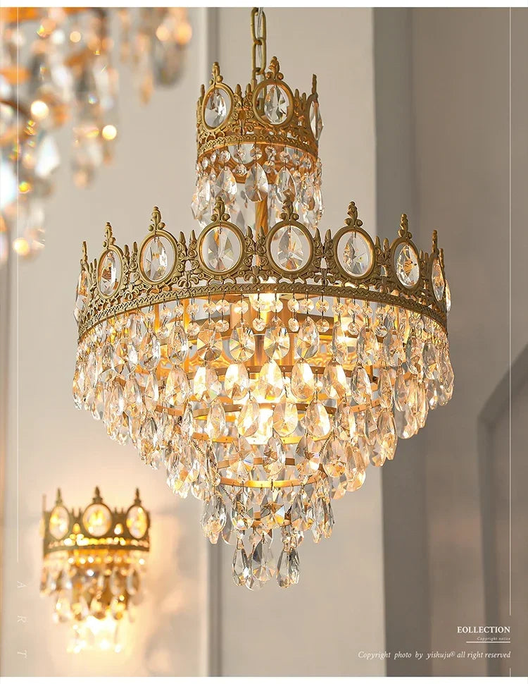 Modern Luxury Chandelier LED Crystal Vintage French Pendant Lamps for Living Dining Table Room Golden Crown Lighting Home Deocr