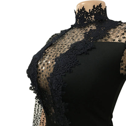 HBLL Women Sequin Lace Jumpsuit Elegant Long Sleeve Wide Leg Pants Sexy See Through Evening Party Outfits Jumpsuits With Belt