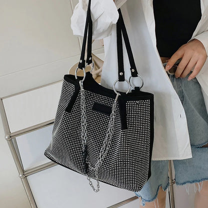 Yogodlns Luxury Rhinestone Bucket Bag For Women Fashion Brands Shouldr Bag Trendy Underarm Bag Shopping Handbag Purse Bolsa