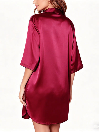 Elegant Satin Nightshirt Solid Lapel Button-Up Shirt Dress Breathable Fabric Smooth Texture Charming Women's Nightgown Sleepwear