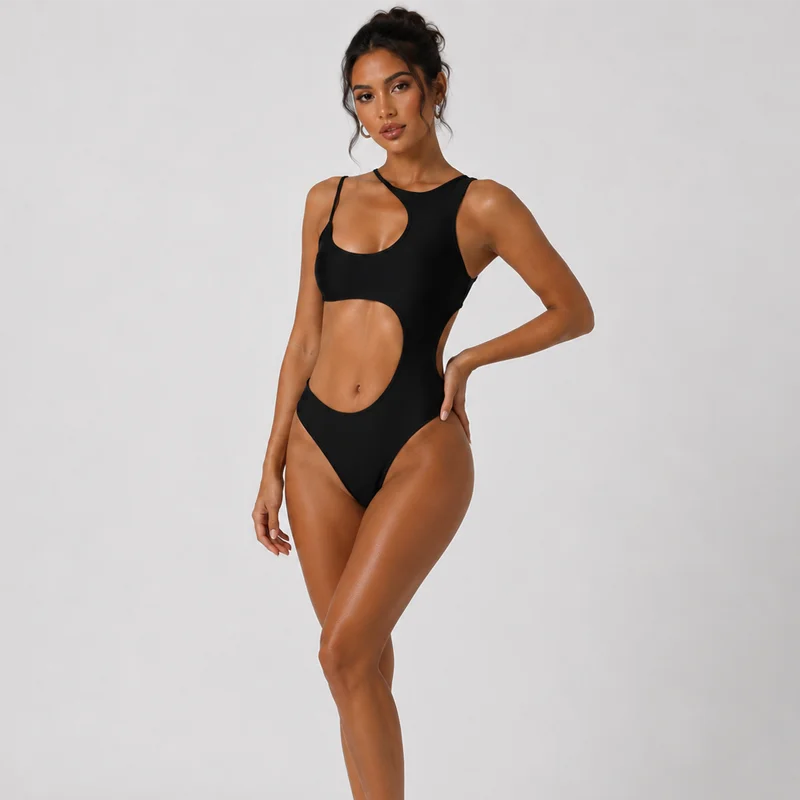 Y2K Bodysuit for Women Black One Shoulder Asymmetric Cut Out Slim Fit Sleeveless High Cut One Piece Leotard Body Suit
