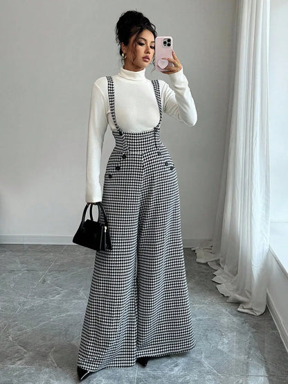 Overalls for Women's Winter Jumpsuit Black White Vintage Wide Leg Suspender Pants for Office Commute Casual Female Clothing