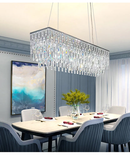 Luxury Crystal Long Pendant Lights Modern Lustres LED Chrome Hanging Lamps for Ceiling Silver Home Decor for Dining Room Remote