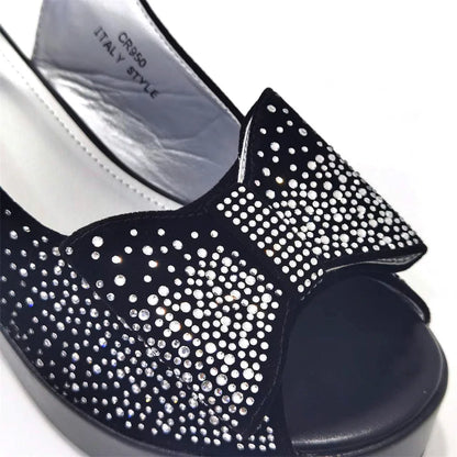 2024 Silver Fashion Square Heels with Platform African Women Shoes and Bag Set Full Crystal Pumps for Wedding Party