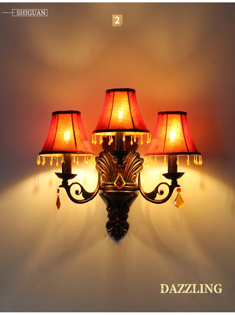 Retro American European Iron Art Red Cloth Crystal Wall Lamp for Hall Restaurant Bedroom Walkway Hotel Bar Decorative Wall Light