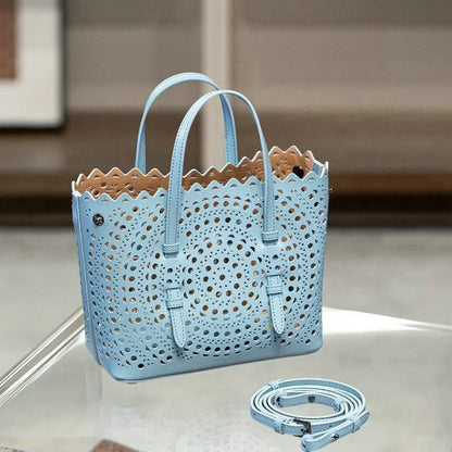 Brand Designer Luxury High Quality Mini Cowhide Shoulder Handbags 2025 Hollow Fashion Large Capacity Genuine Leather Bucket Bag