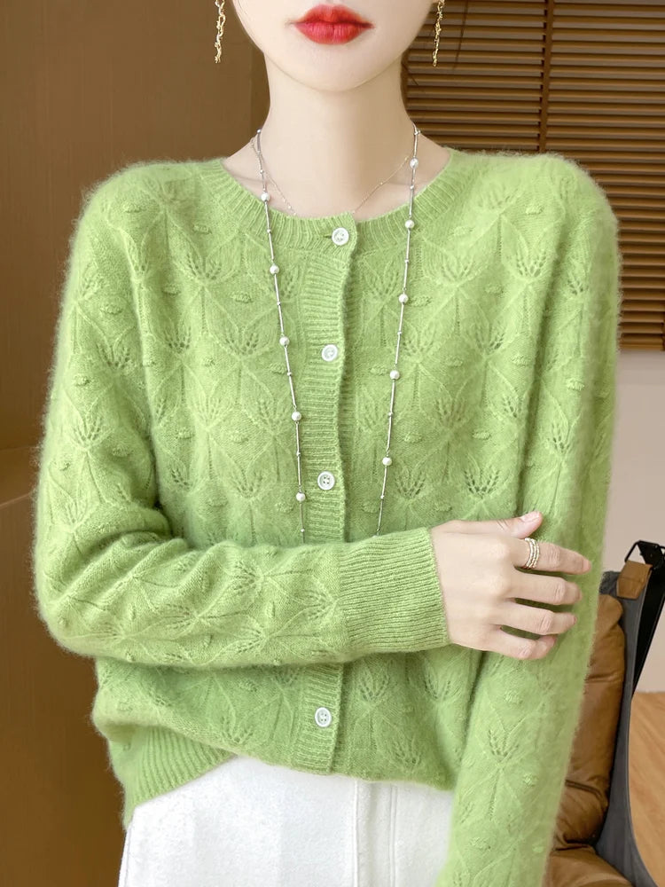 New Autumn Winter Soft Warm Cardigan Woman Cashmere Sweater O-neck Women 100% Merino Wool Sweater Loose Fit Hollow out Top Coat
