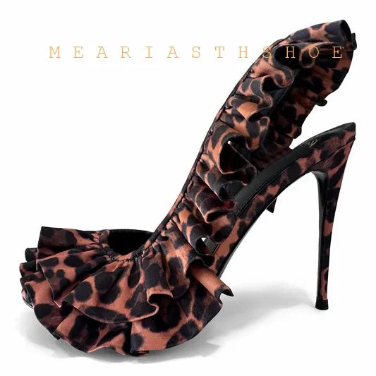 Solid Satin Ruffles Stiletto Sandals Women Elegant Back Strap Sweet Party Flower Shoes Ladies Open Toe Leopard Evening Sandals