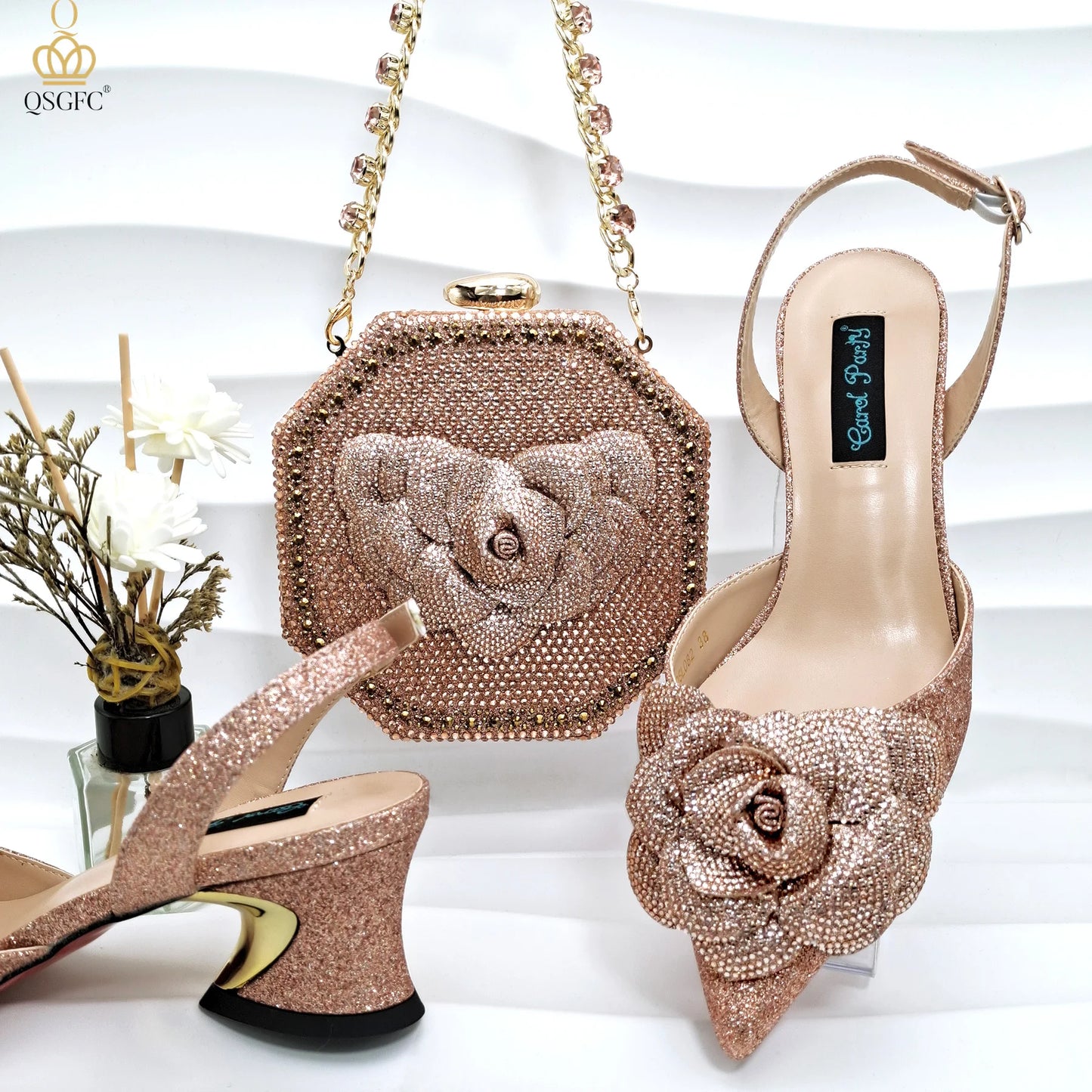 Italian Design Evening Shoes And Bag Paired With Handmade Petal Clutches Pointed Toe Mid-Heel Shoes For Women Party Shoes