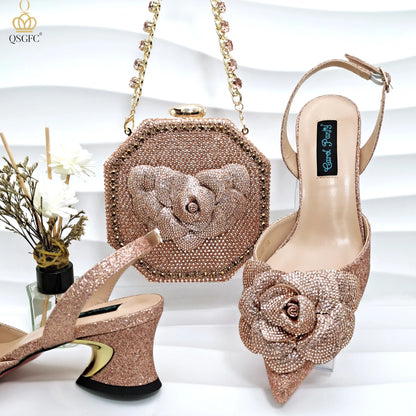 Italian Design Evening Shoes And Bag Paired With Handmade Petal Clutches Pointed Toe Mid-Heel Shoes For Women Party Shoes