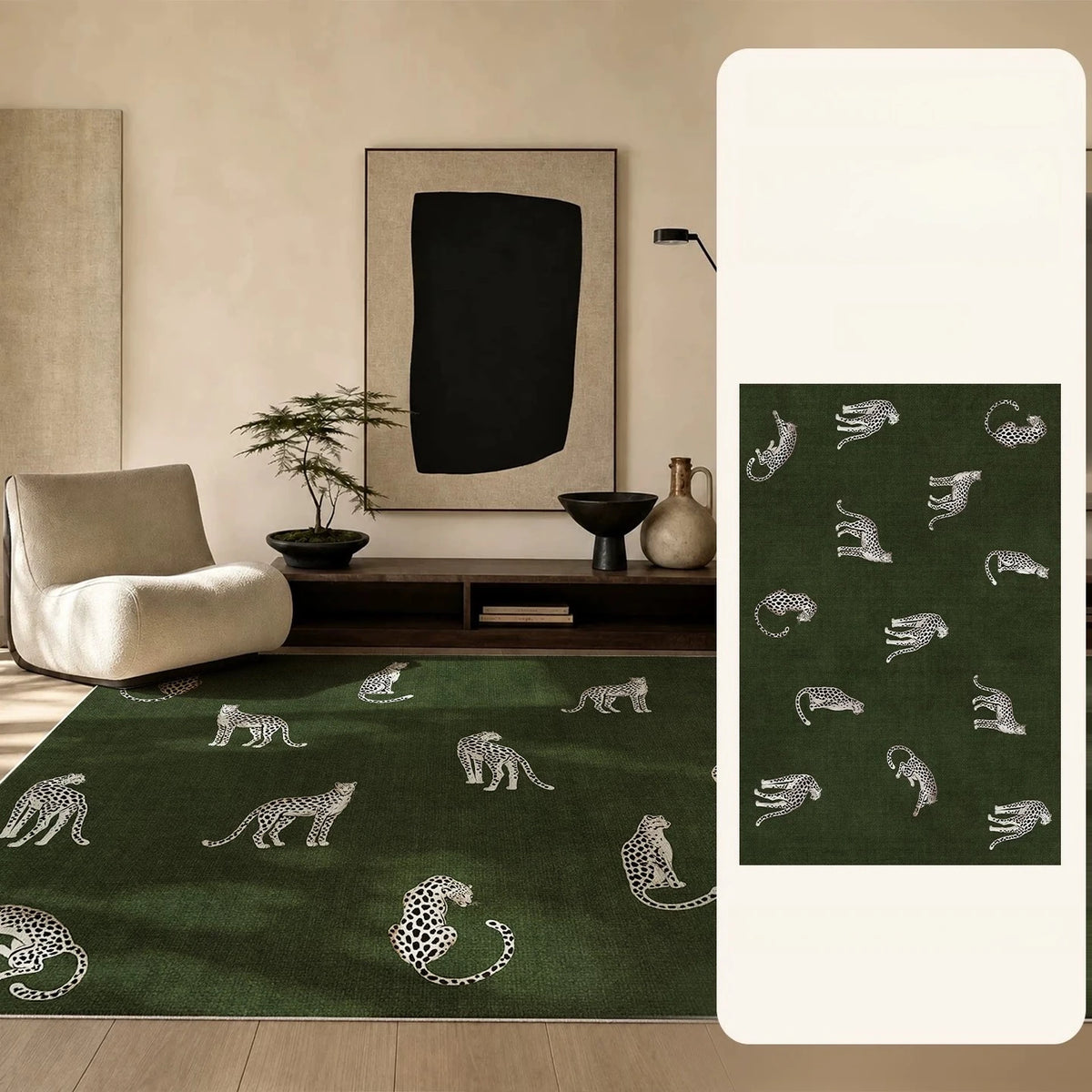 Large Area Bedroom Decor Green Carpet Retro Style Rugs for Bedroom Washable Lounge Leopard Print Floor Mat Anti-slip Bedside Rug