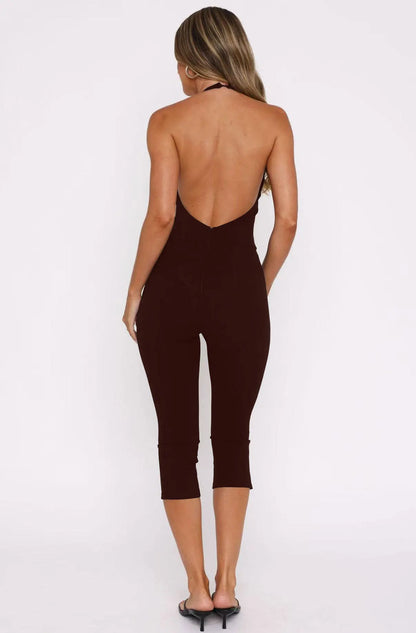 Sexy Playsuits Women Basic Solid Summer Casual Halter Low-cut Backless Stretch Skinny Rompers Female Gym Work Out One Piece New