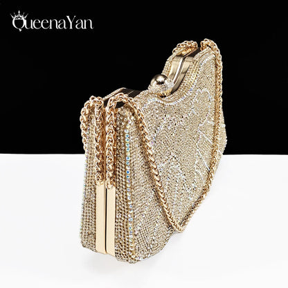 Queena Yan Elegant Mature Style Colorful Rhinestone Decoration Design Gold Party Wedding Pointed Toe Lady High Heels and Bag Set