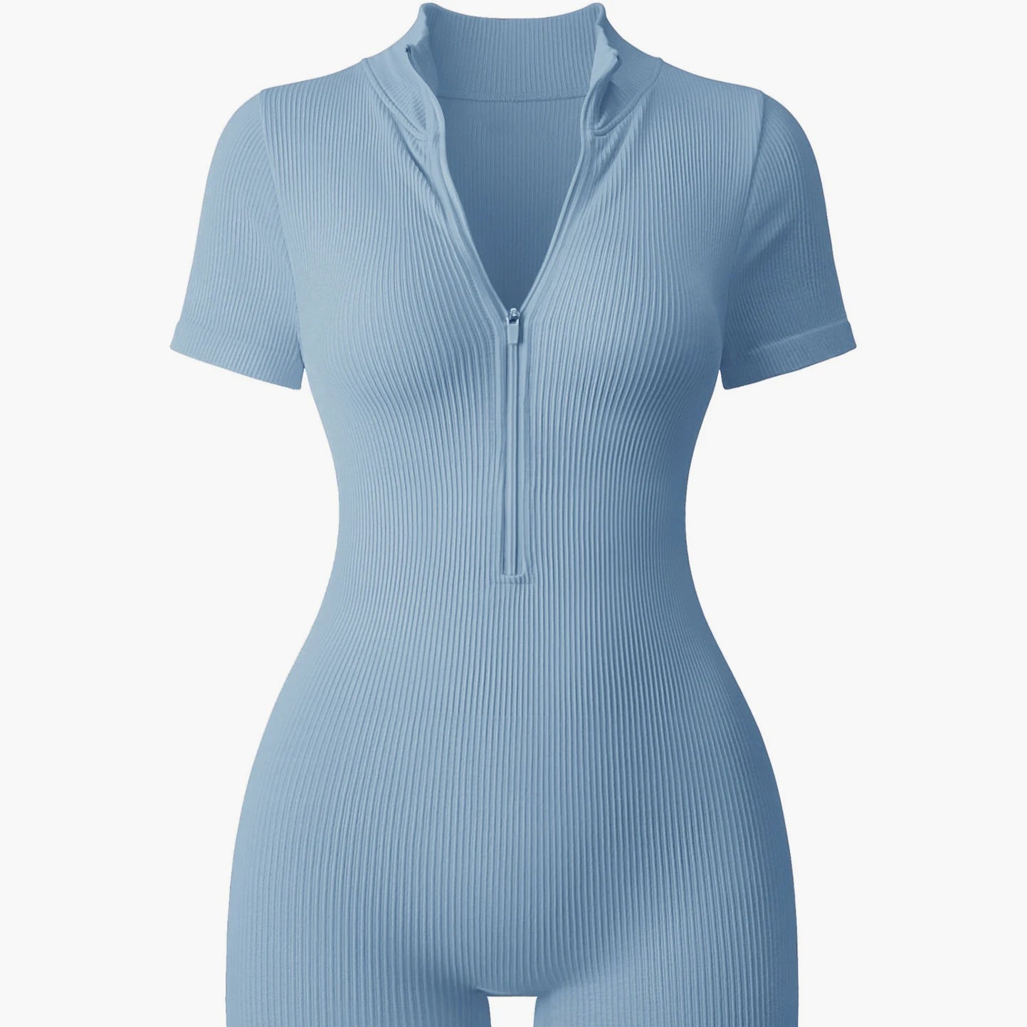 Women's Slimming Textured Short Sleeve Zip Front Athletic Yoga Bodysuit for Fitness Bodybuilding Hip Lifting One Piece
