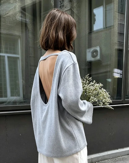Casual Knitted Sweater Round Neck Open Back Long Sleeves Loose Pullover 2026 Autumn Fashion Daily Versatile Cardigan Top Outfit