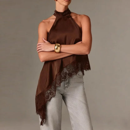 Women Y2k Mock Neck Halter Top Satin Lace Asymmetrical Hem Tank Tops Sleeveless Elegant Going Out Crop Tops