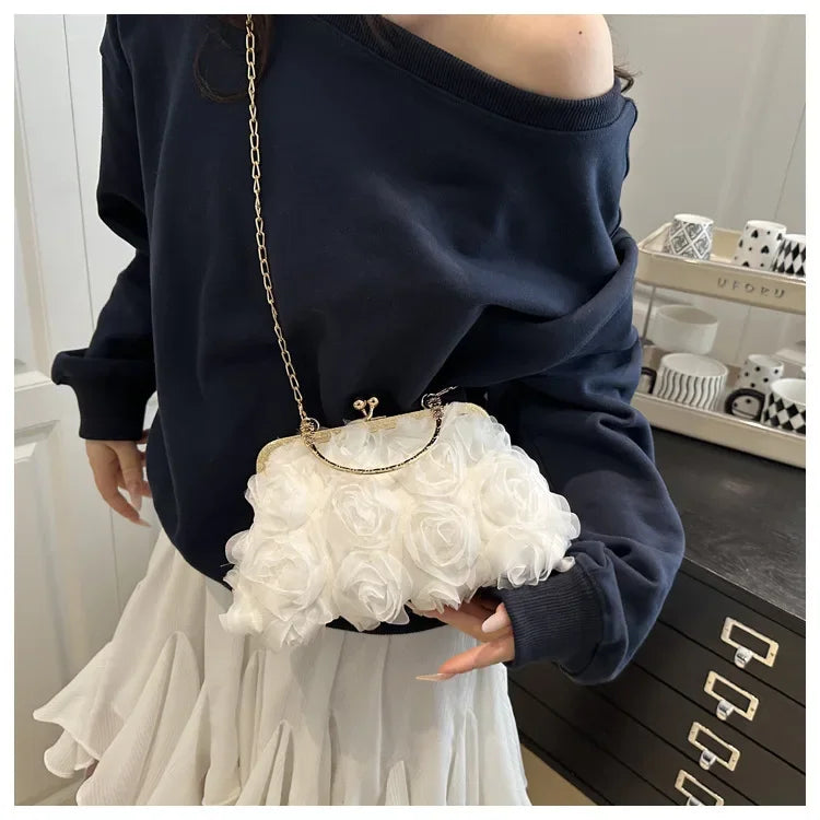 Luxury Women Chain Shoulder Bag Chiffon 3D Flower Banquet Bag Fashion Evening Bags Fashion Clutch Handbag Trendy Crossbody Bag