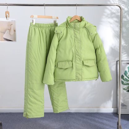 Polka Dots Hooded Cotton Coats Trousers Set 2026 Winter Loose Zippers Drawstring Jacket Elastic Waist Pants Women's Warm Outfits