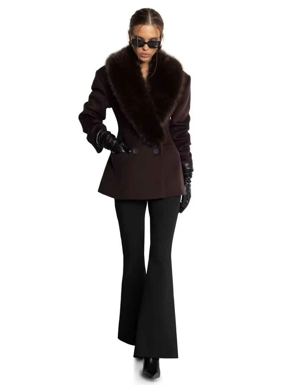 Women Winter Wool Coat Dark Brown Faux Fur Collar Slim Fit 2026 New Elegant Old Money Luxury Streetwear Outerwear