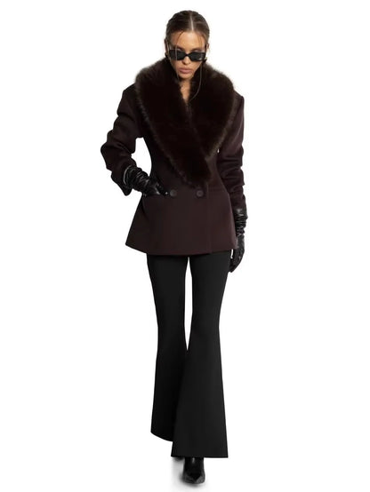 Women Winter Wool Coat Dark Brown Faux Fur Collar Slim Fit 2026 New Elegant Old Money Luxury Streetwear Outerwear
