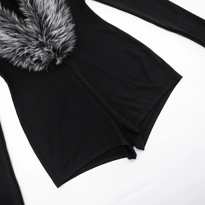 Weird Puss Luxury Fur Deep V Collar Romper Women Full Sleeve Sexy Skinny Fitness Activity Streetwear Hipster Workout Playsuit