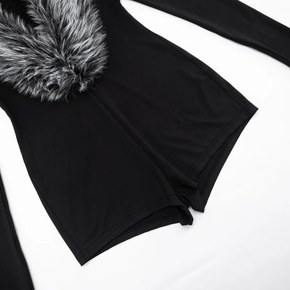 Weird Puss Luxury Fur Deep V Collar Romper Women Full Sleeve Sexy Skinny Fitness Activity Streetwear Hipster Workout Playsuit