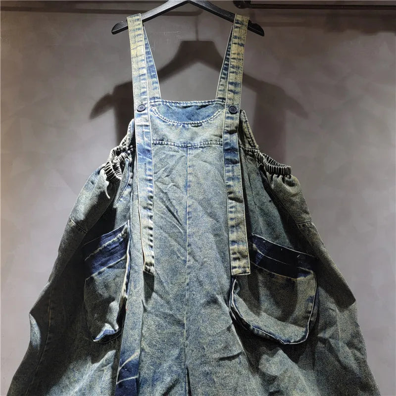 WTHT Vintage Fashion Women's Wash Patchwork Denim Rompers 2026 Spring Trendy Sleeveless Loose Jumpsuits Female 1LS2869