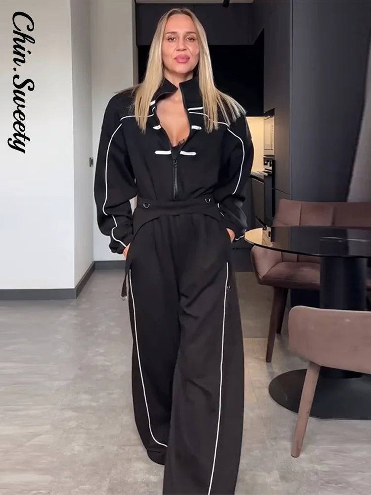 Casual Contrasted Color Women Jumpsuits Full Sleeve Stand Collar Waist-Closed Lady Rompers 2026 Autumn Winter Female Jumpsuit