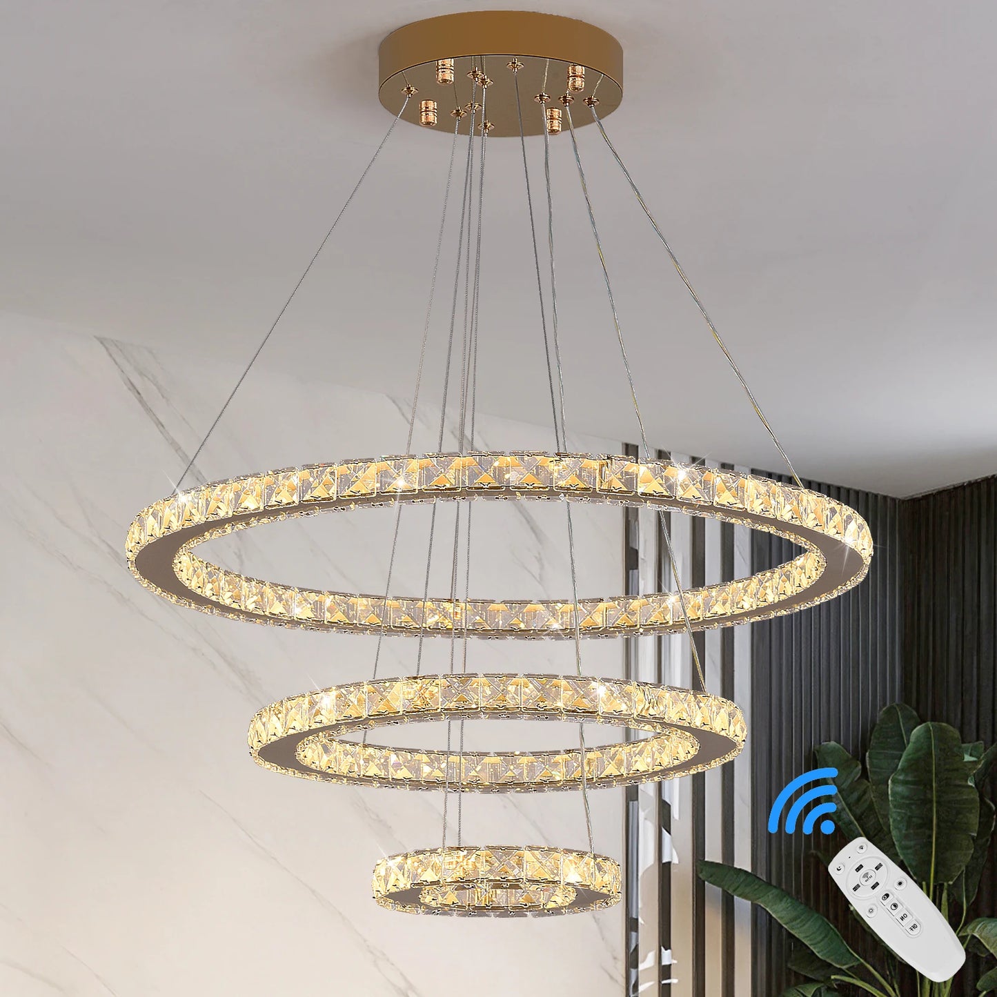 Modern LED Luxury Crystal Chandelier Villa Staircase Living Room Dimming Circular Gold Chandelier Home Lighting Indoor Light