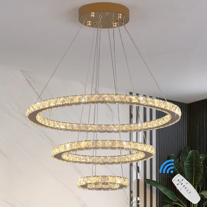 Modern LED Luxury Crystal Chandelier Villa Staircase Living Room Dimming Circular Gold Chandelier Home Lighting Indoor Light