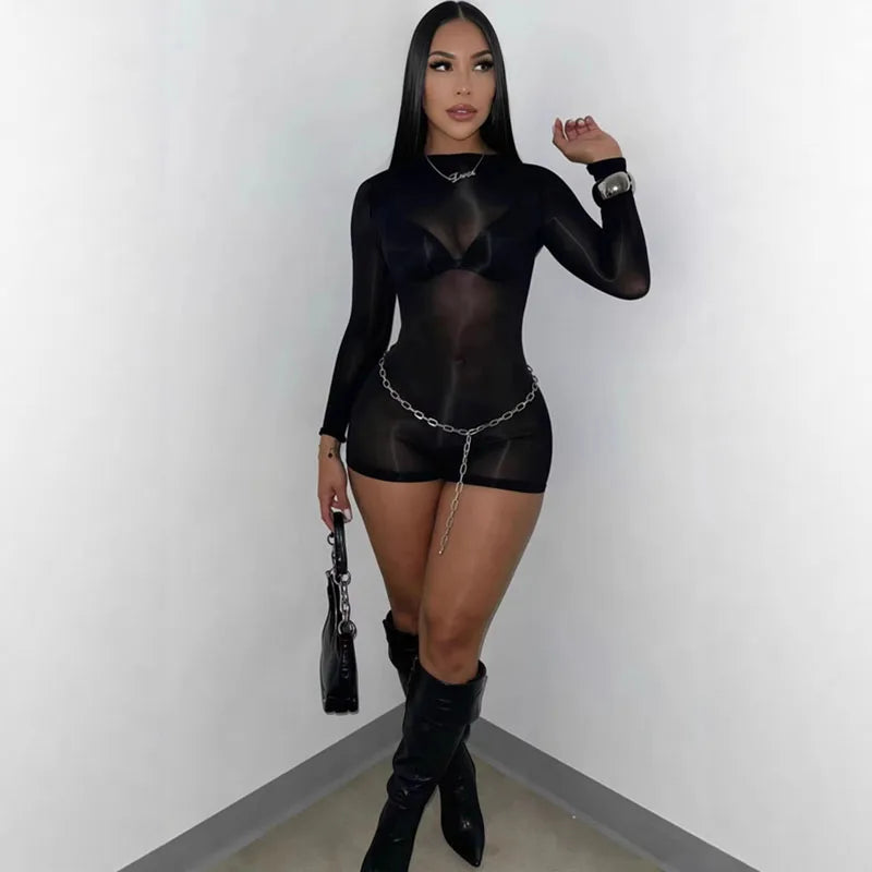 Y2k Hot Solid Long Sleeve Shorts Jumpsuits for Woman Bodysuit Fancy Club Skinny Stretchy Party Night Mesh One Pieces Playsuit