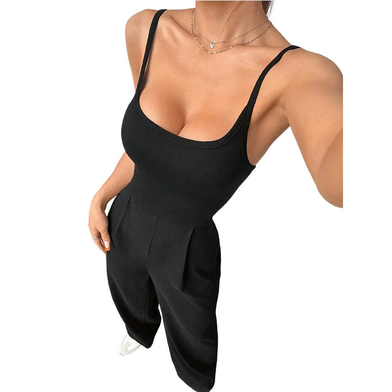 Casual Jumpsuit Jumpsuits For Woman Sling Women's Clothing Solid Color Backless Sleeveless Loose Wide Legs Trouser Simple Style
