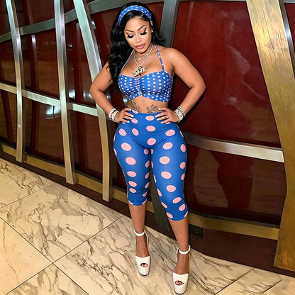 Polka Print Neck Strap, Tight Fitting Cropped Pants, Three Piece Headband Set