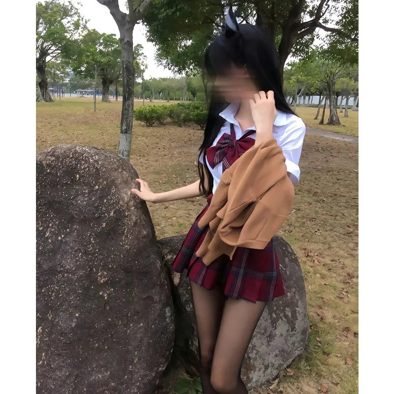 Cosplay School Uniform for Girls Japanese Students JK Uniform Short-sleeved shirt, Red Checked Skirts