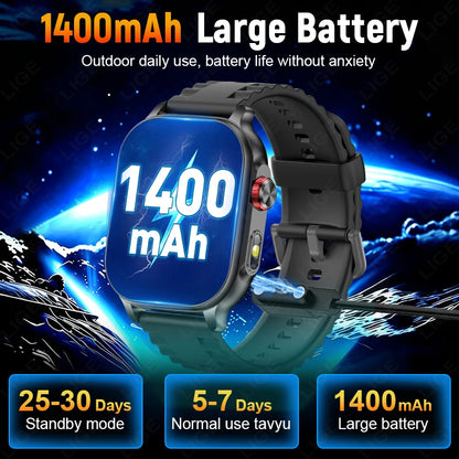 LIGE Militray 1400mAh Large Battery Smart Watch For Men 2.01 inch HD Screen 100+Sports Mode Bluetooth Call Men Women Smartwatch