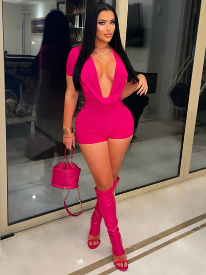 FAGADOER Sexy Solid Color Bodycon Jumpsuits for Woman Deep V-neck Short Sleeve One Piece Rompers Female Streetwear Overalls New