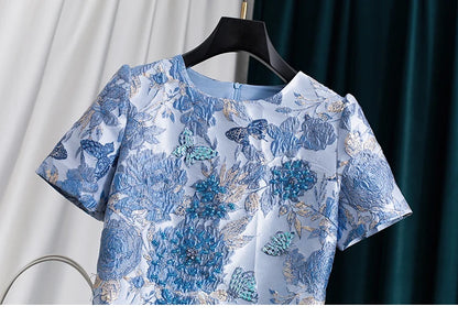 Women Blue Jacquard Beaded Dress Short Sleeve Round Neck a Line Elegant Slim Fit Summer Party Fashion Luxury Midi Dress