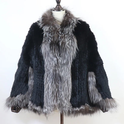 Rabbit Fur Knitted Cape Fox Fur Collar Shawl Autumn Winter Warm Genuine Rabbit Fur Pashmina Women's Rabbit Fur Top Cat Poncho