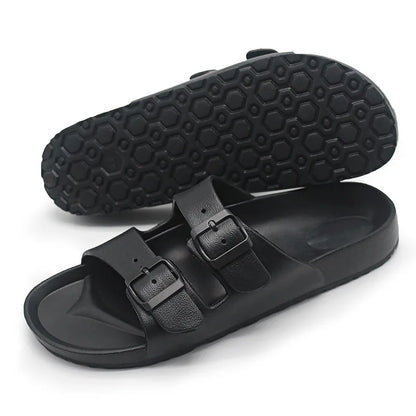 Shevalues Summer Flat Slippers For Women Men 2025 New Thick Sole Sandals With Double Buckle Fashoin Outdoor Antiskid Beach Slide