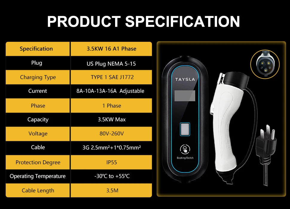 TAYSLA 3.5KW 16A Portable EV Charger NEMA 5-15 Plug TYPE1 SAE J1772 TYPE2 GB/T Electric Car Charger for BYD Geely EX2 Changan