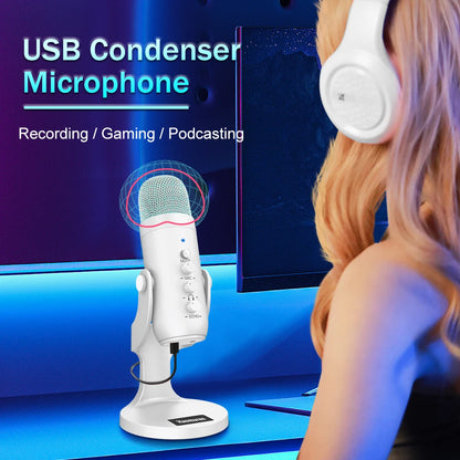 Professional White USB Condenser Microphone Studio Recording Mic for PC Computer Phone Gaming Streaming Podcast Vocals Youtube