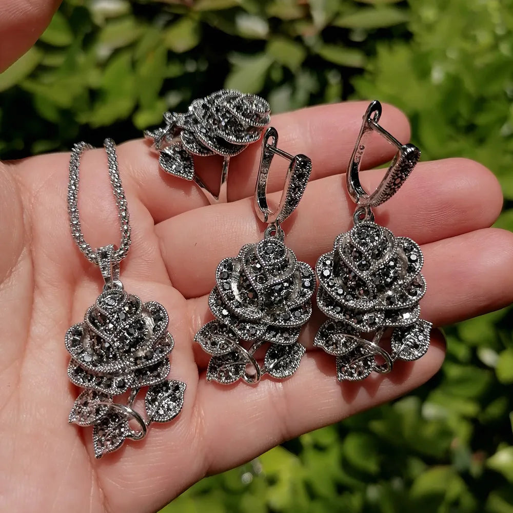 Ajojewel Black Rhinestone Rose Flower Necklace Ring And Earring Set For Women Vintage Jewelry Nice Gifts For Girlfriend