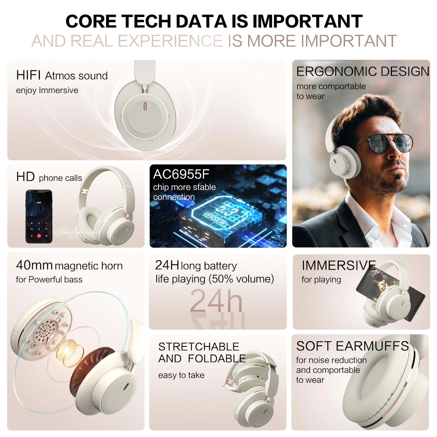 Wireless Headphones Bluetooth 5.3 Headset Foldable Portable Earphones Fashion Photography Props Aesthetic Outfit Accessories Long Battery Life Comfortable Lightweight Over Ear Bass Stereo Sound Adjustable Headband For Travel