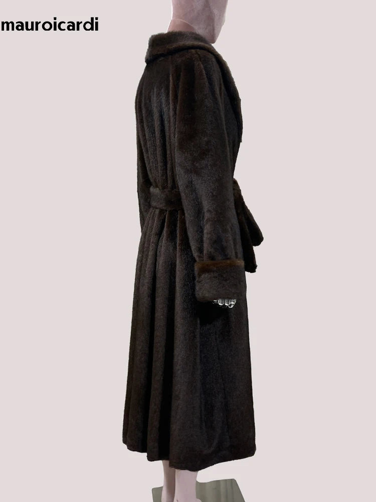 Mauroicardi Winter Long Thick Warm Brown Skirted Faux Mink Fur Coat Women Shawl Collar Sashes Elegant Luxury Furry Overcoat 2025