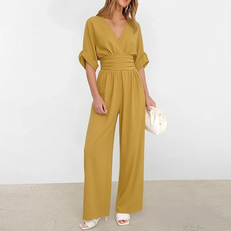 2026 Women V Neck Waist Wide Leg Jumpsuit Casual Elegant Summer One Piece